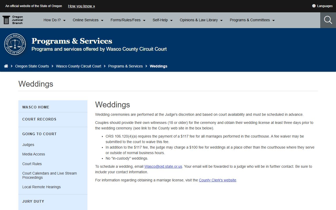 Wasco County court records courthouse weddings page