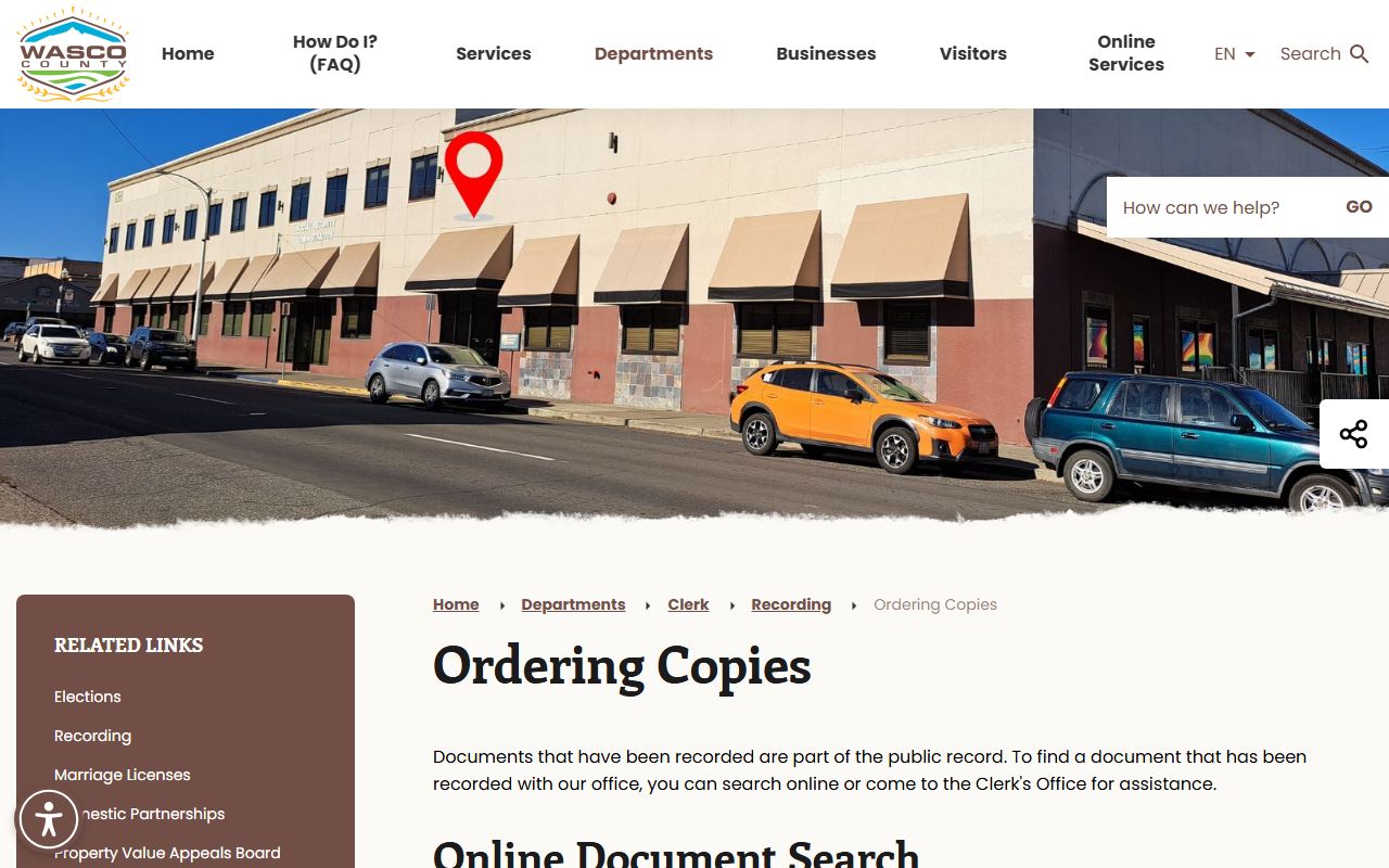 Wasco County County Clerk certified copy ordering records