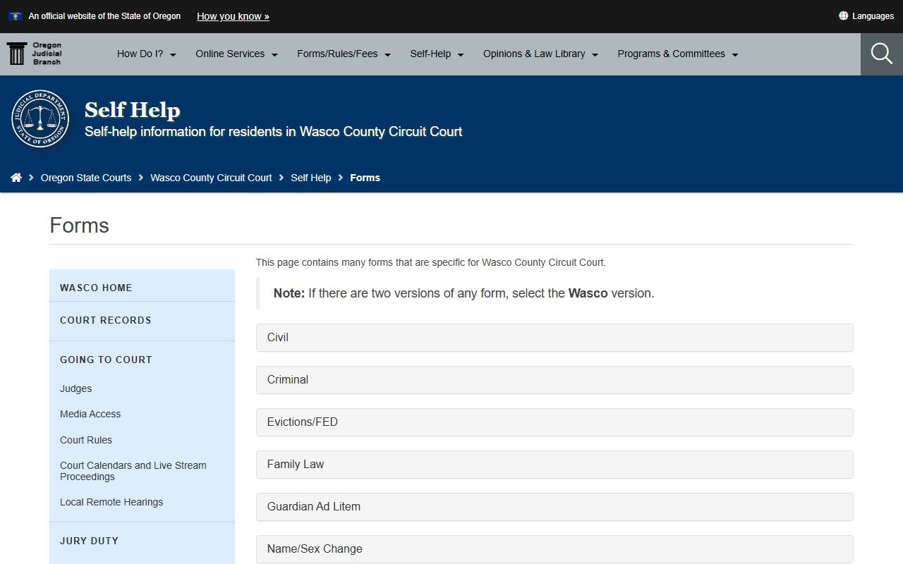Wasco County court dockets Circuit Court local forms source