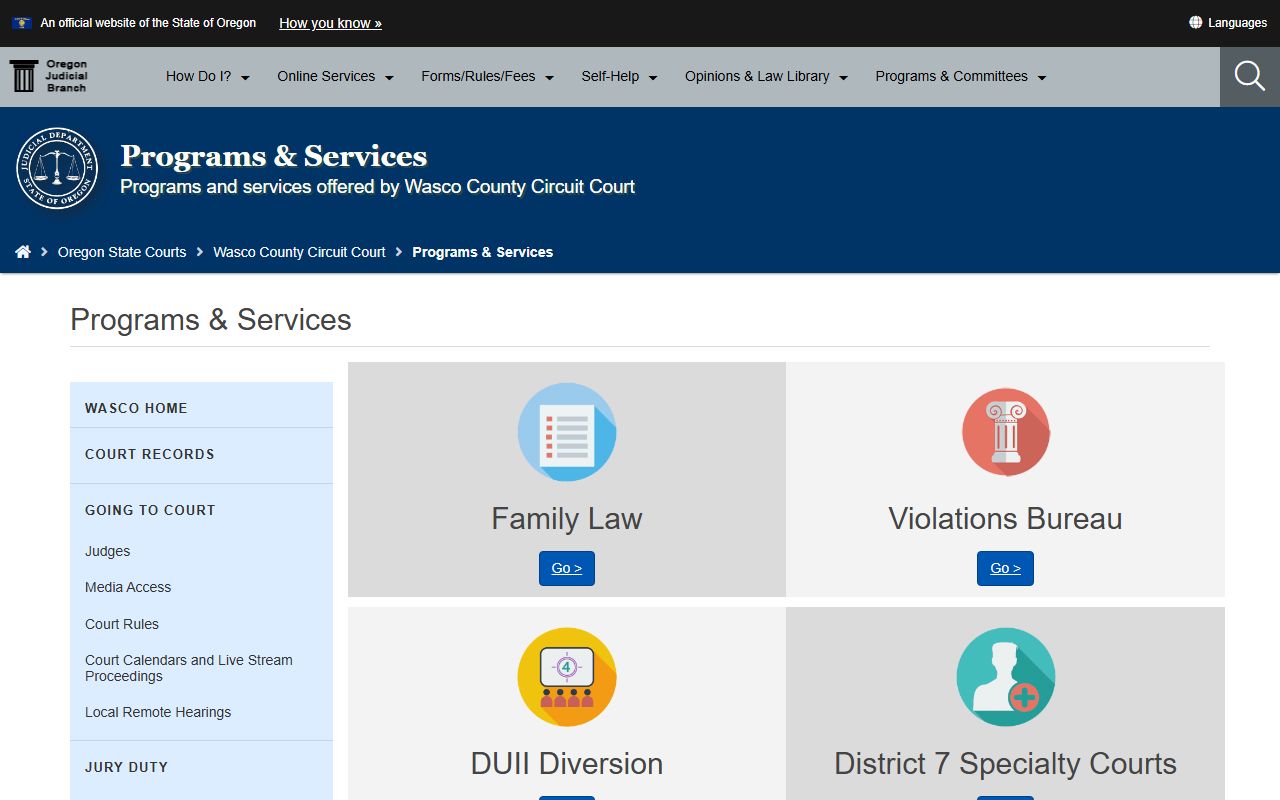 Wasco County court dockets Circuit Court programs and services