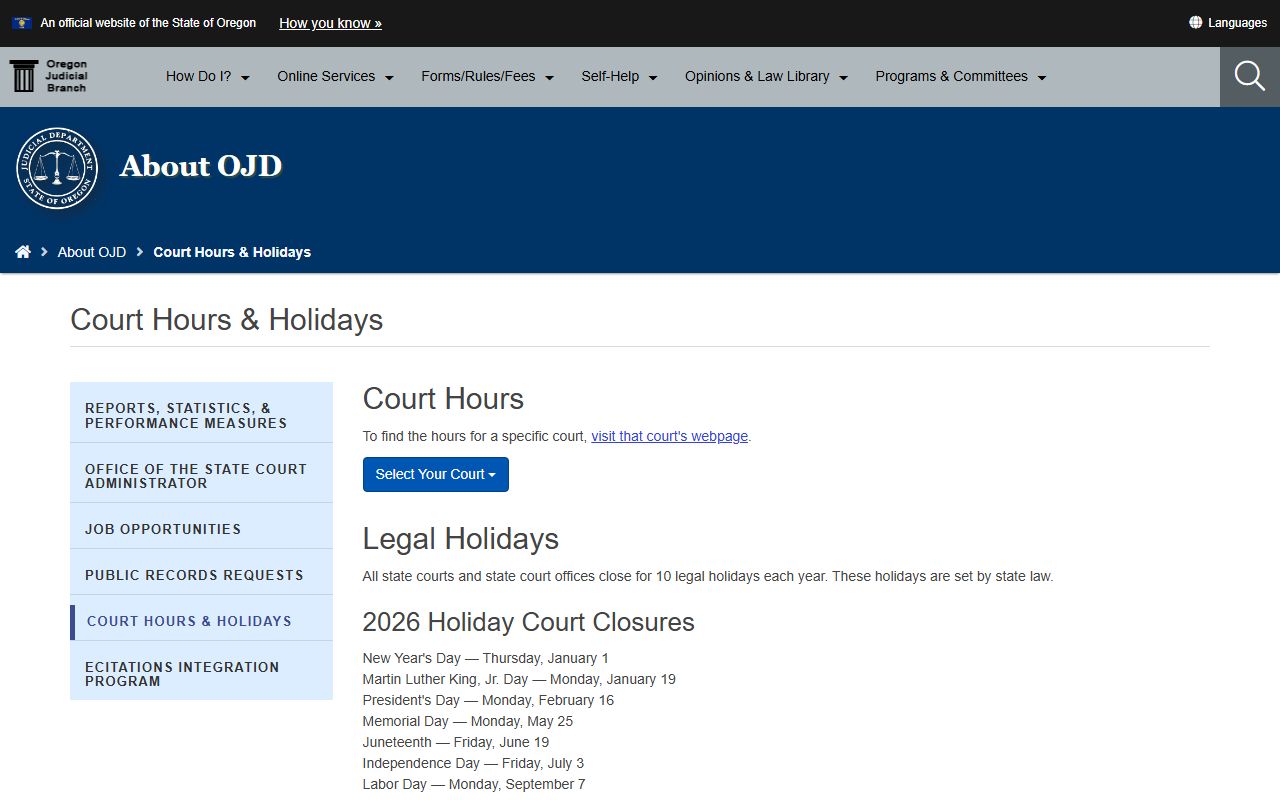 Wasco County court records OJD court holiday and closure information