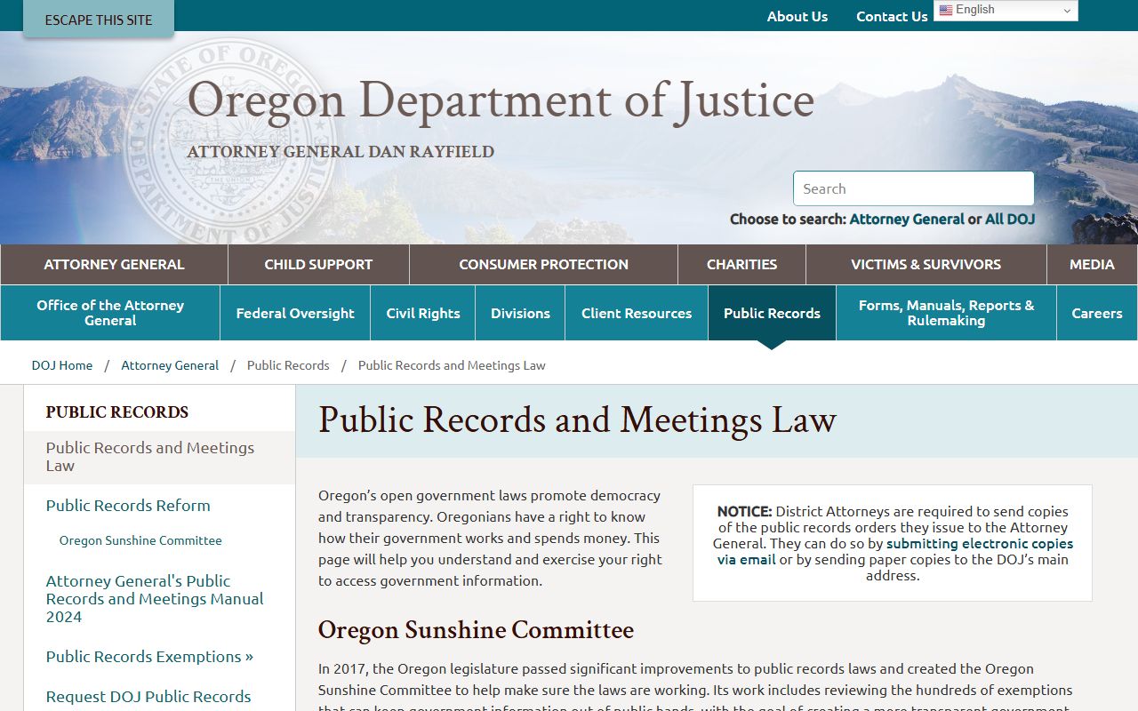 Wasco County court records Oregon DOJ public records guidance