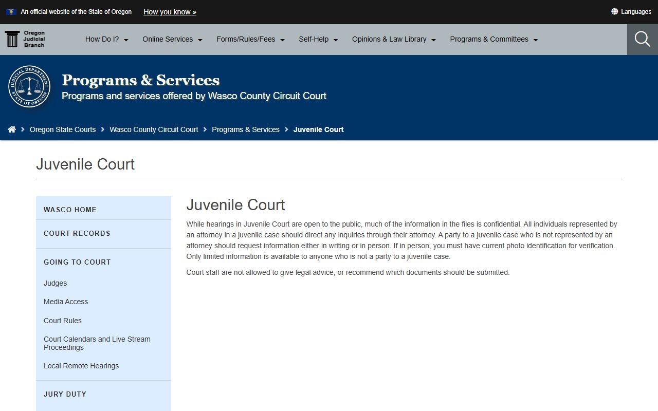 Wasco County criminal court records juvenile court access notes