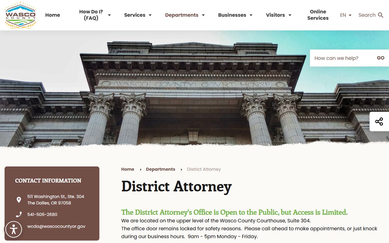 Wasco County criminal court records District Attorney office information