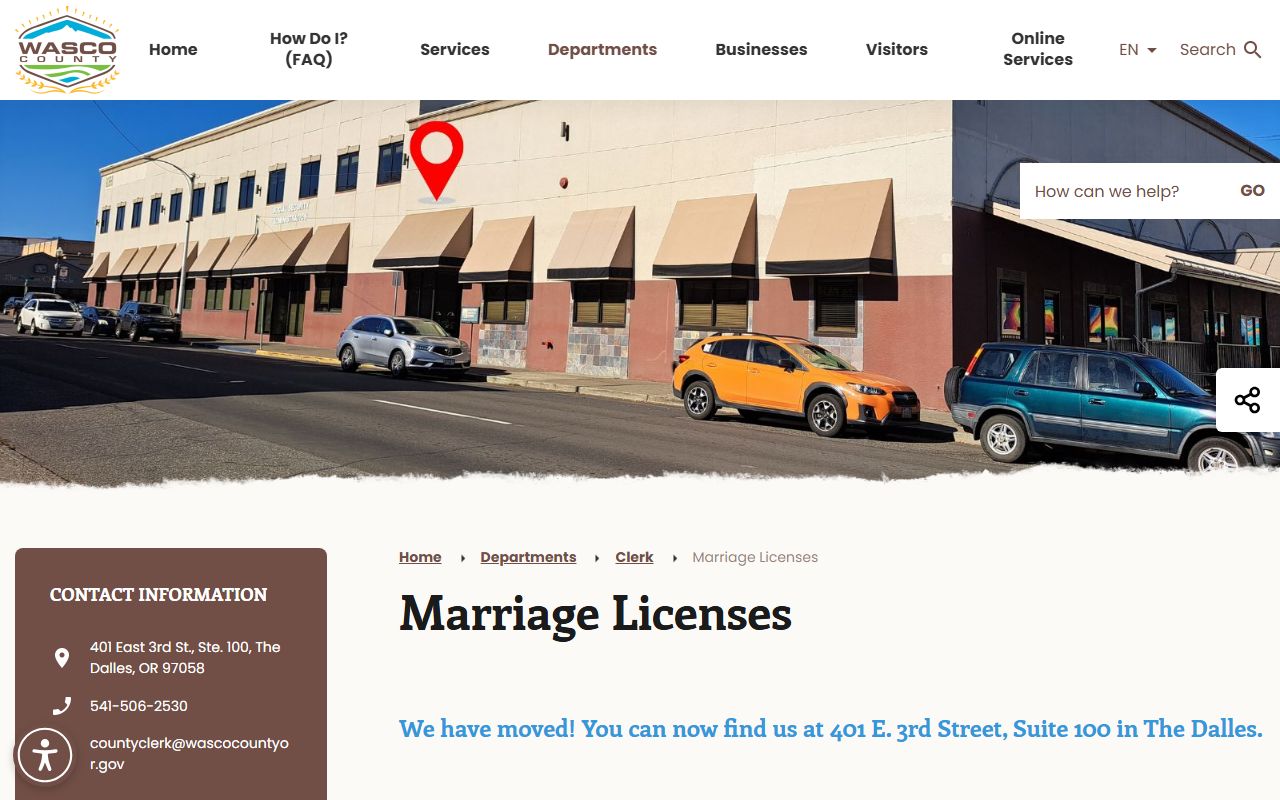 Wasco County marriage records license application instructions