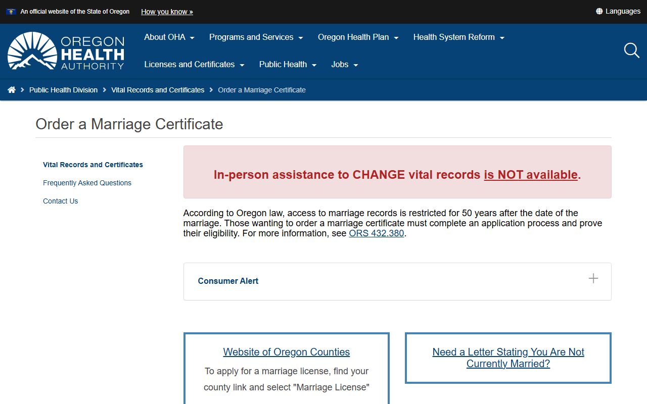 Wasco County marriage records Oregon Health Authority certificate orders