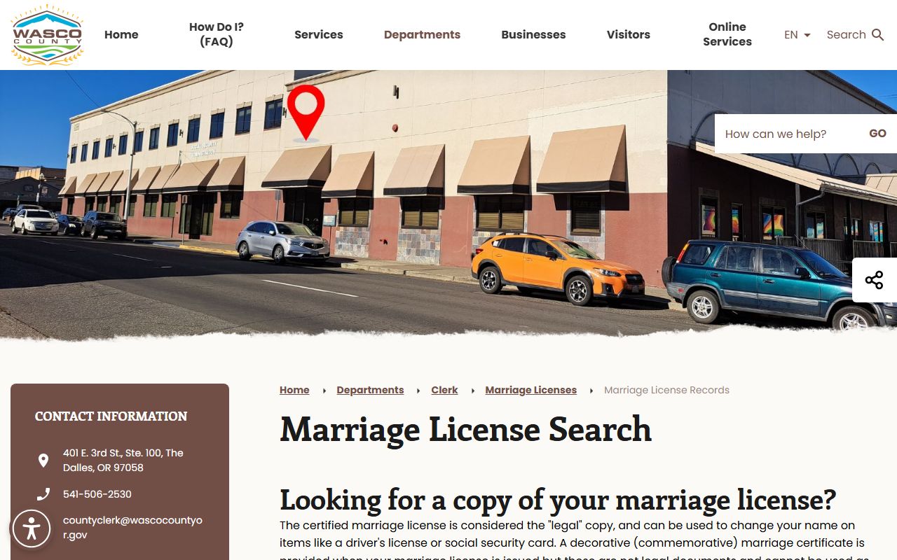 Wasco County marriage records license records search