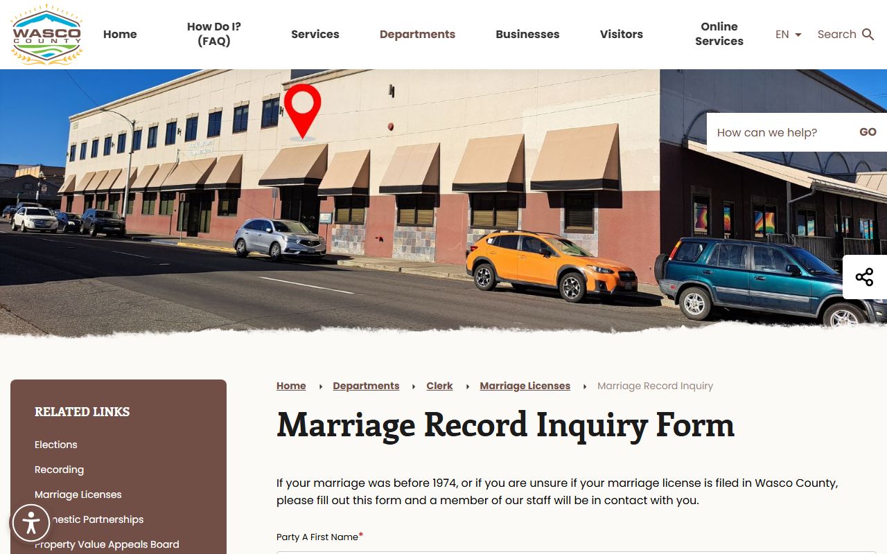Wasco County marriage records inquiry form