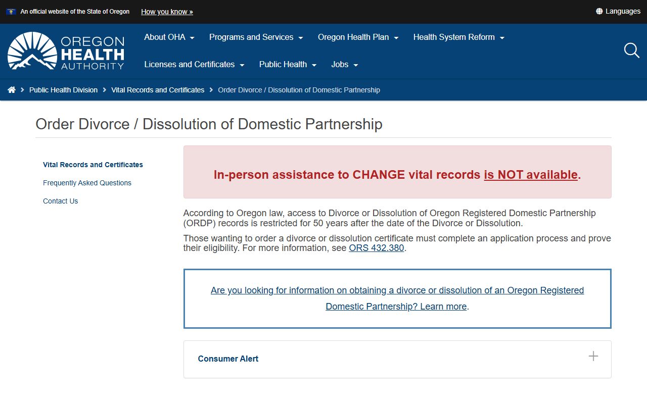 Wasco County divorce records Oregon Health Authority certificate orders