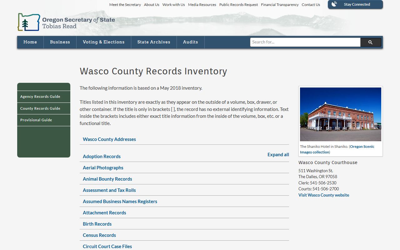 Wasco County probate records Oregon State Archives inventory