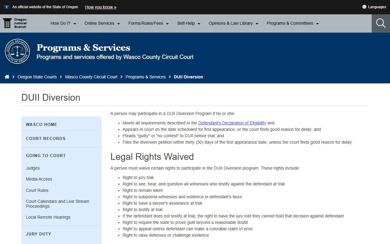 Wasco County traffic court records and DUII diversion