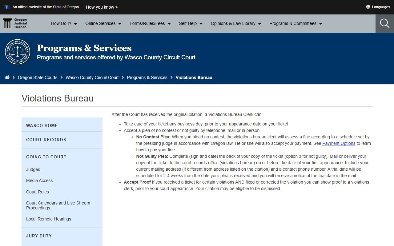 Wasco County traffic court records Violations Bureau